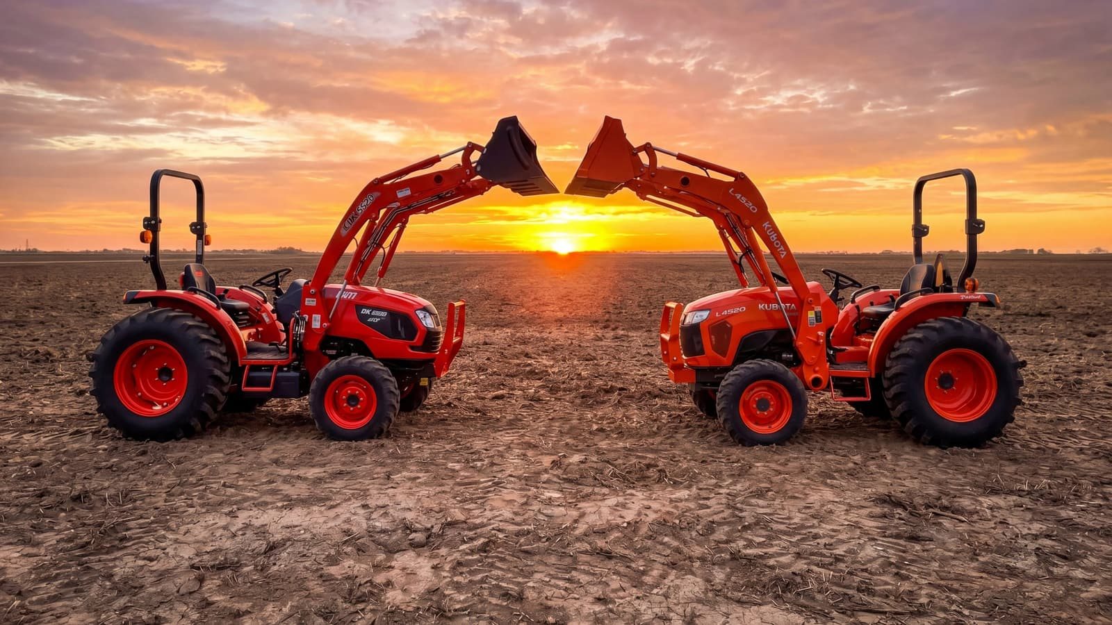 Two compact tractors with front loaders raised, meeting over a plowed field at sunset